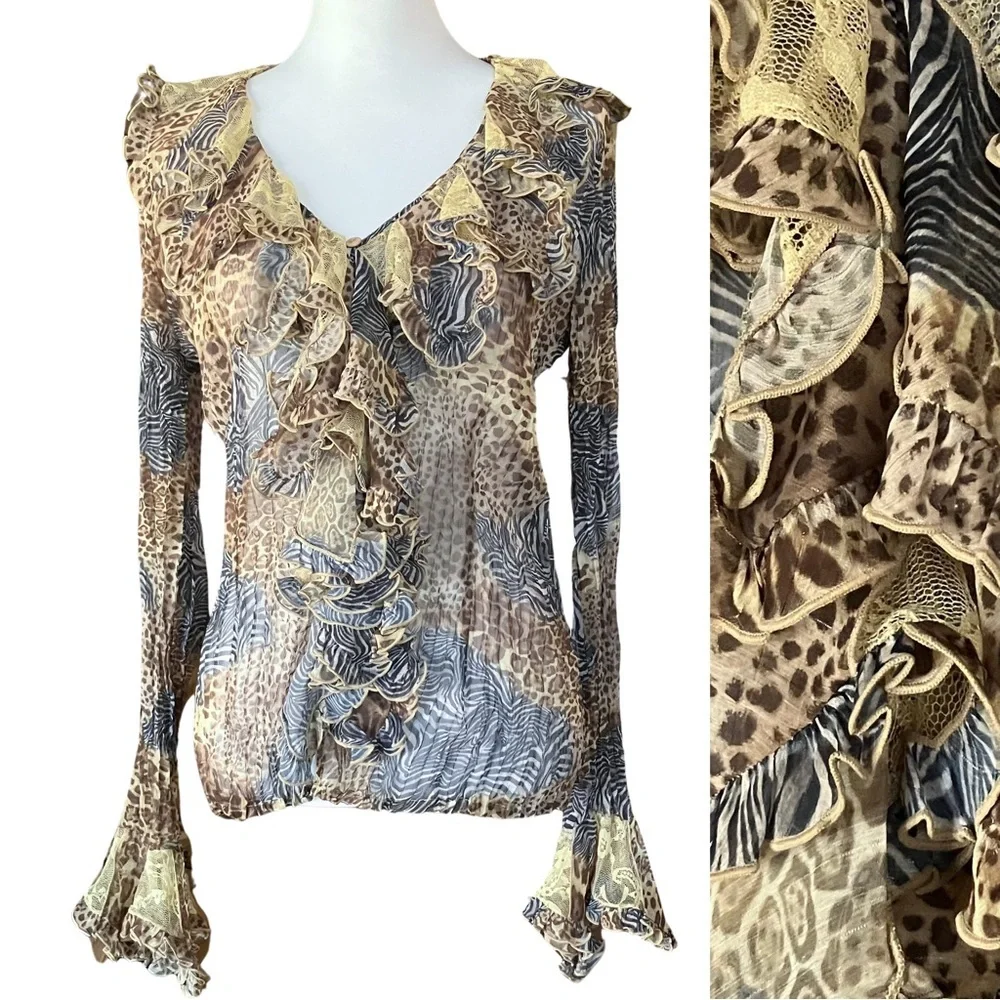 NWT 90s Y2K Vintage MK Solo Animal Print Sheer Ruffle Blouse Lace. Size XL - Picture 1 of 12